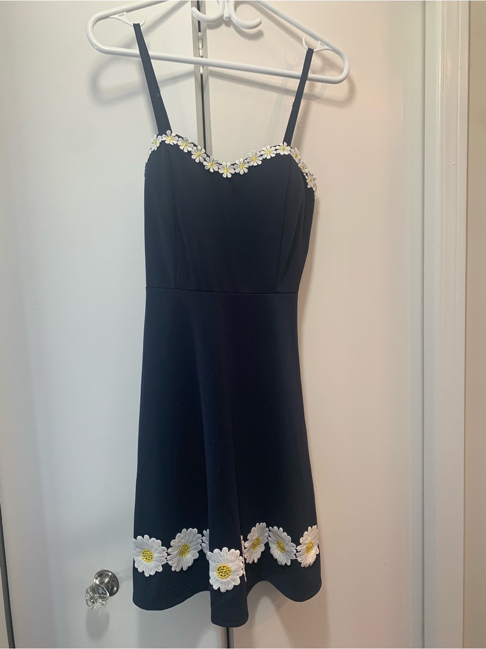 Navy Spaghetti Strap Dress with Daisy Trim- see measurements !!